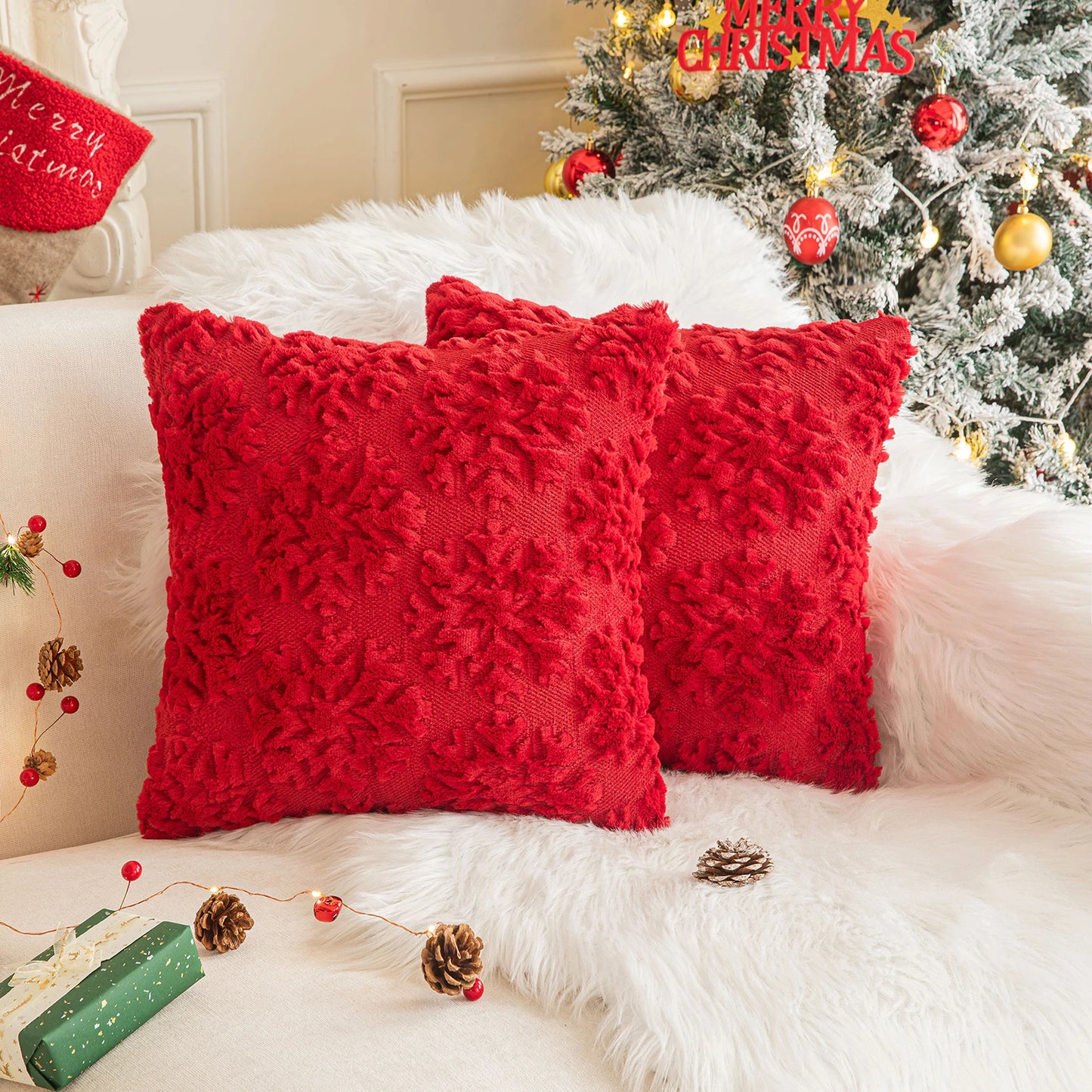 1/2 Pack Christmas Tree Square Throw Pillow Cases Snowflake Shaggy Plush PillowCases Embroidered Sofa Cushion Cover Home Decor