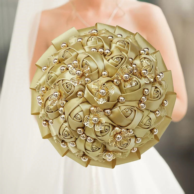 1pc/lot Gold Bridal Wedding Bouquet  Satin Rose Artificial Flowers Wedding Bouquet de novia On Sale