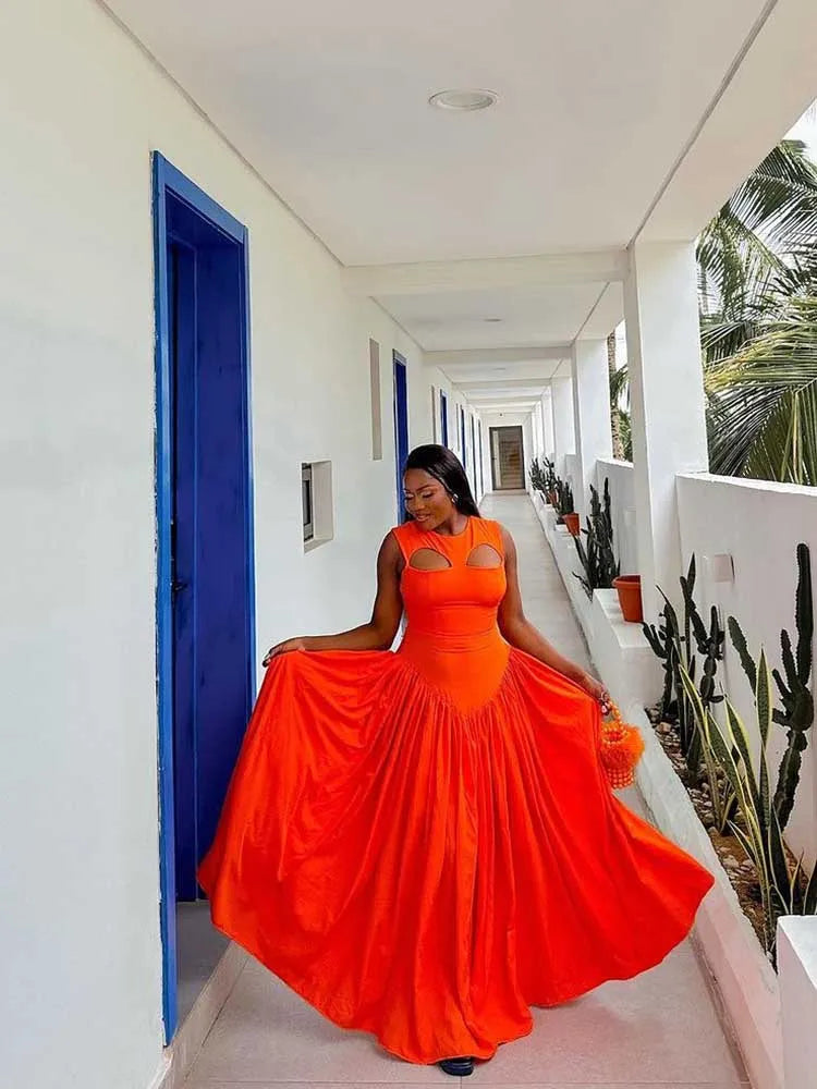 Long Summer Woman Dress Hollow Out Knitted Maxi Dress Beautiful Orange Dress for Women Elegant Party Wholesale Dropshipping