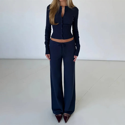 Absobe Winter Women Knit Cardigan Sweater Top Set Long Sleeve Low Waist Pants 2 Piece Soft Solid Color Fashion Casual Outfit