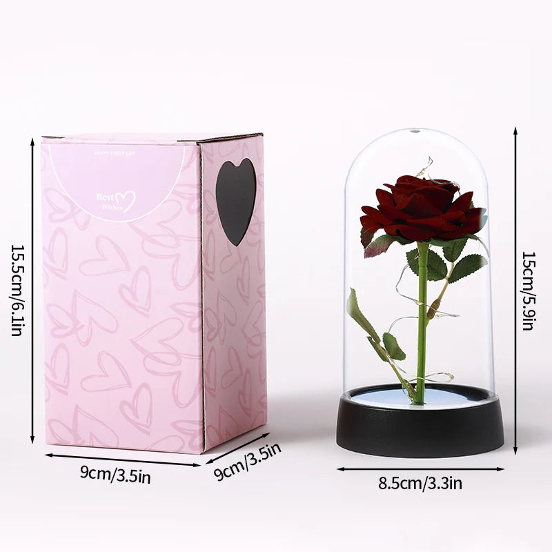 Eternal Red Rose Artificial Flowers with LED Light Creative Valentine's Day Gift Rose in Glass Cover Simulation Rose Flower