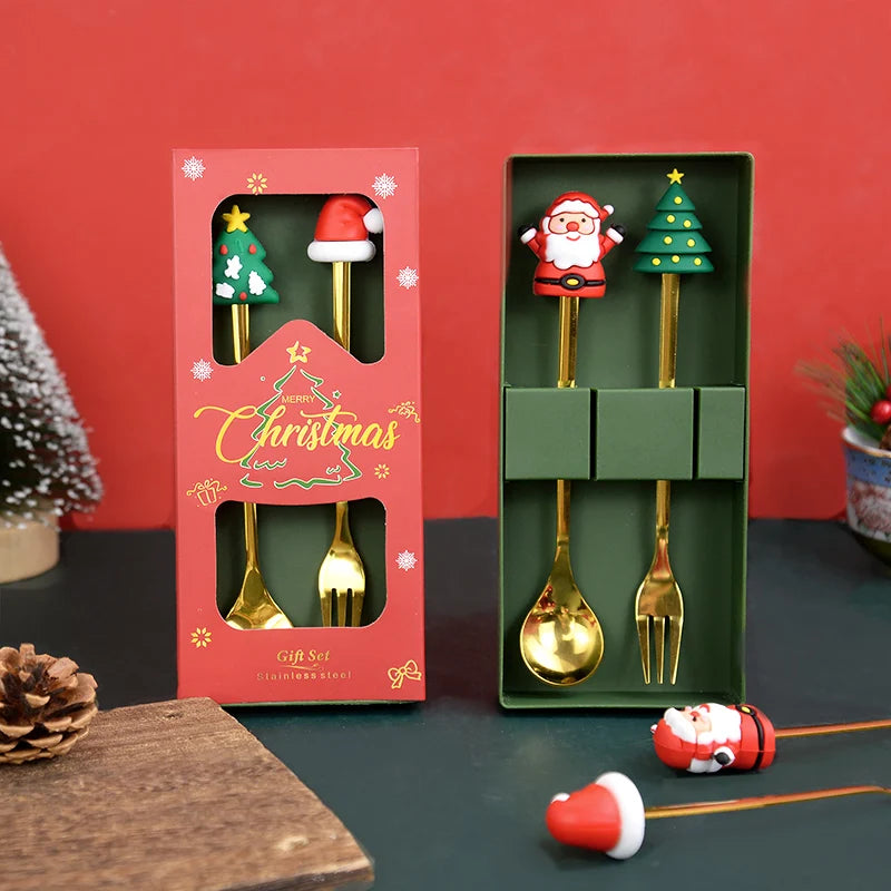2/4/6pcs Christmas Gift Spoon Forks Set Stainless Steel Cutlery Tableware Decoration Coffee Tea Dessert Scoop 2025 New Year Home