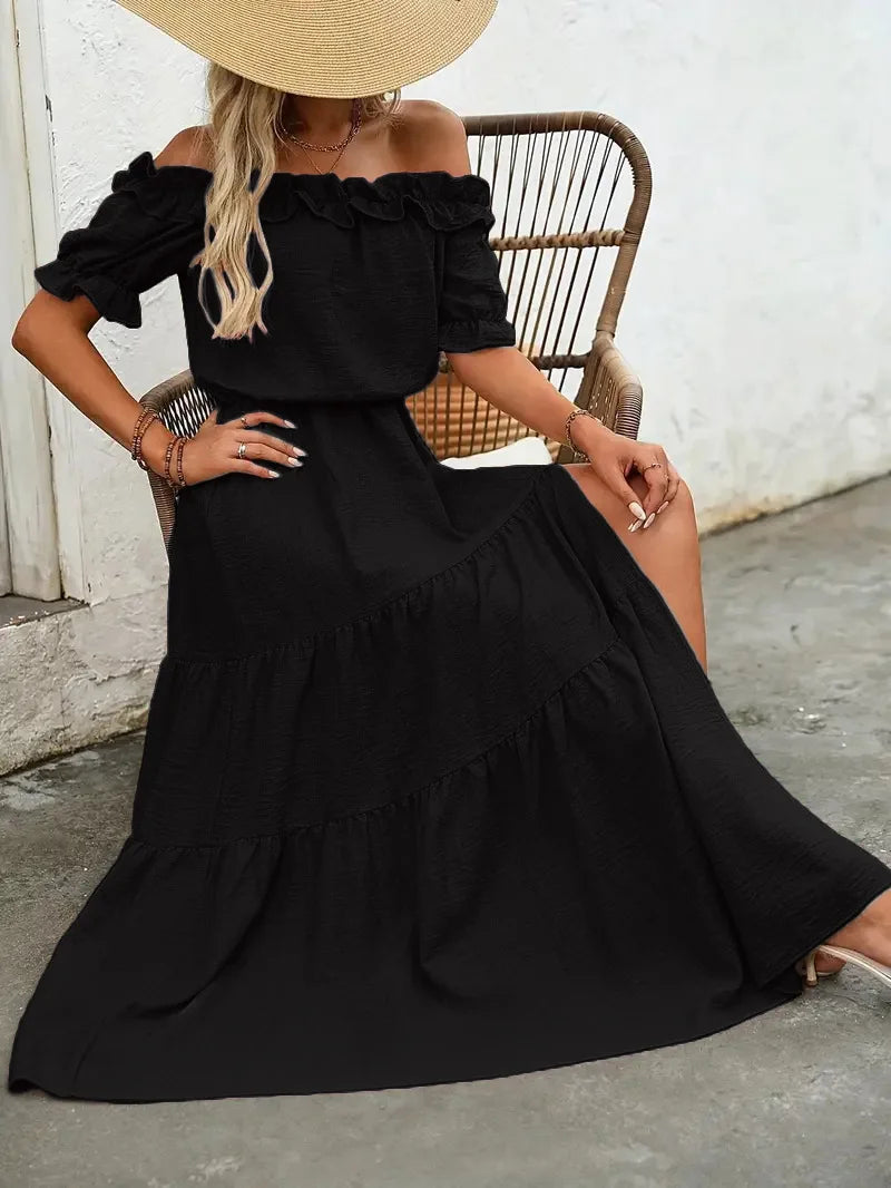 Elegant Short Sleeve Long Dress Women 2025 Summer Fashion Off Shoulder Maxi Dresses Casual