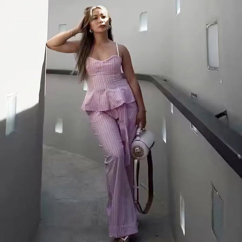 HXAO Summer Women's Two Pieces Set New Pink Striped Open Back Halter Top Pant Sets Crop Zipper Top With Lace Casual Women's Suit