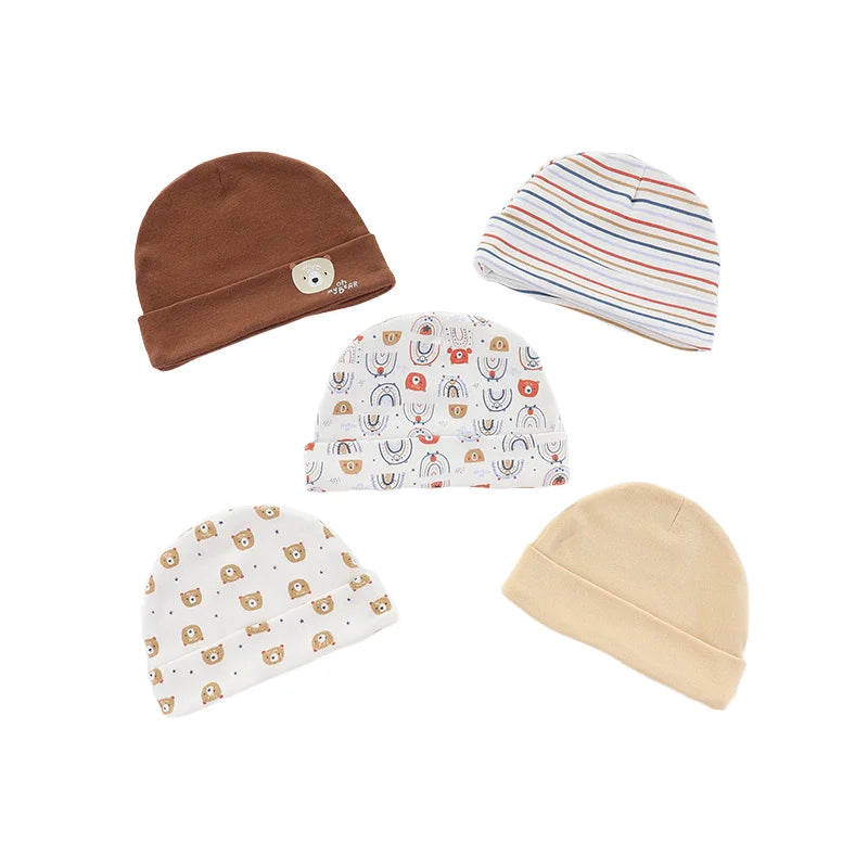 5Pieces Newborn Baby Boy Hats Cartoon Print 100%Cotton Baby Girls Hats 0-6Months Soft Solid Color Infant Accessories