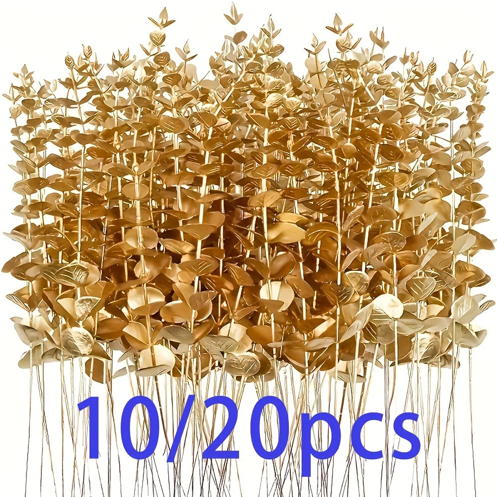 10/20pcs Golden Eucalyptus Artificial Flowers Christmas Home Decor Weddings Birthdays Office Desk Decoration Artificial Plants