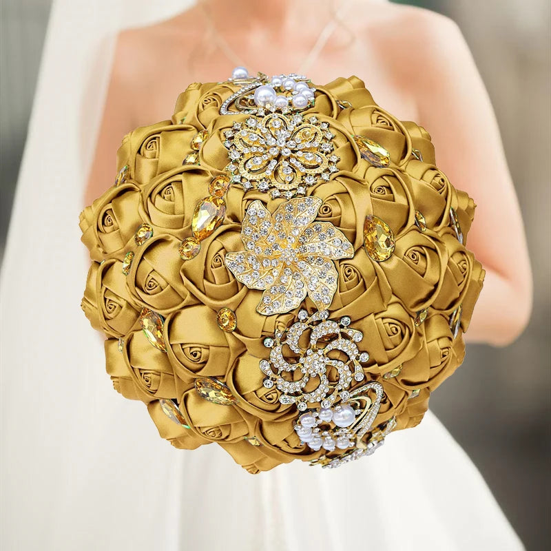 1pc/lot Gold Bridal Wedding Bouquet  Satin Rose Artificial Flowers Wedding Bouquet de novia On Sale