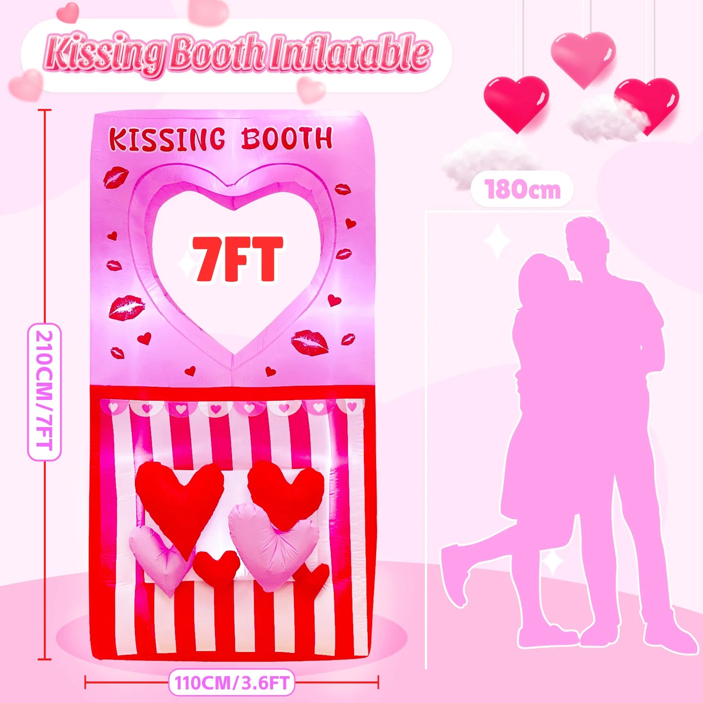 7FT Valentines Day Inflatables Outdoor Decorations, Kissing Booth Valentine Blow Up Inflatable with LEDs for Home Yard Outdoor
