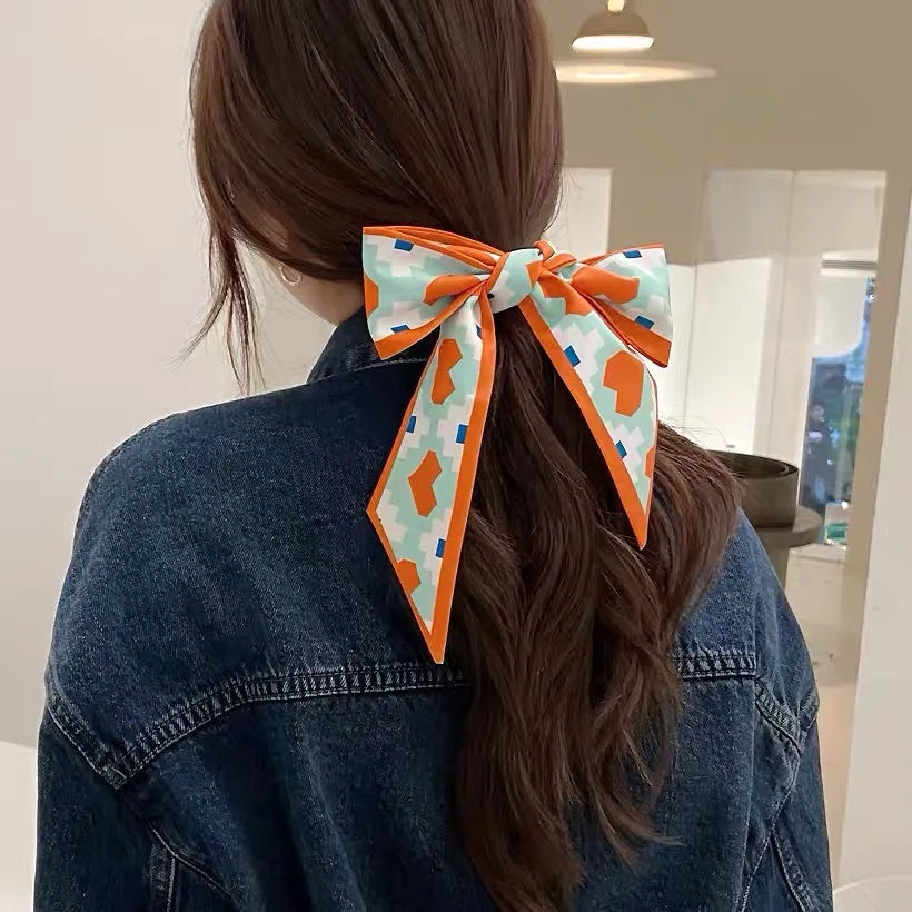 Fashion Printing Long Ribbon Silk Scarf Headband for Women Elegant Tie Ponytail Bow Headband Hair Tie Резинки Для Волос