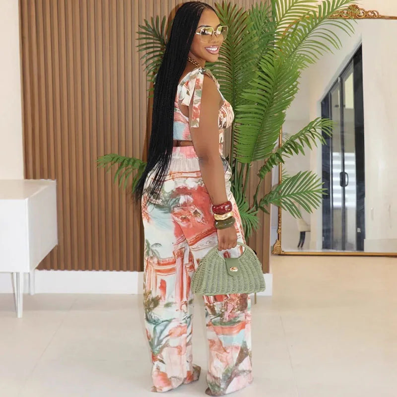 Doyerl Printing Pattern Two Piece Set Woman Holiday Outfits Lace-up Strapless Crop Top and Wide Leg Pants Matching Sets Ensemble