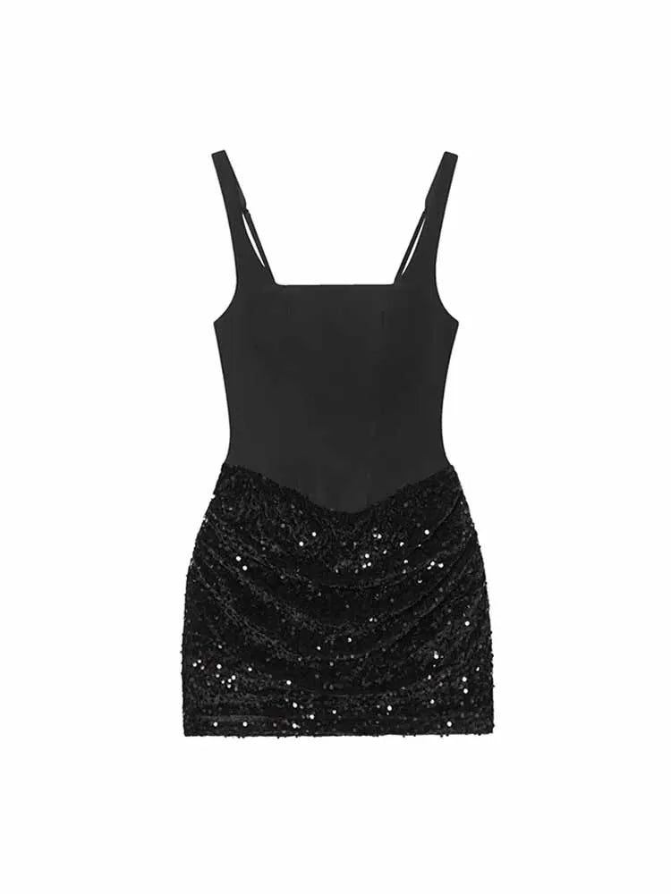 HH Summer Woman Casual Sexy Sleeveless Sequin Decoration Hip Covering Suspender Skirt Female Elegant Fashion Party Dress Mujer