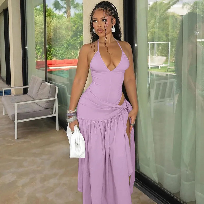 Woman Summer Vacation Sexy Cut Out Dress Sets Halter Deep V Neck Bodysuit and Tie Maxi Long Skirt Set Party 2 Two Piece Outfit