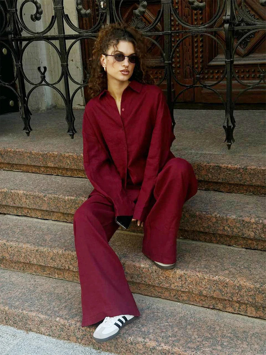 Bornladies Cotton Casual Pants Sets Women's Solid Color Cozy Lapel Long Sleeve Shirt Summer Outfit Elastic Waist Pants Suits