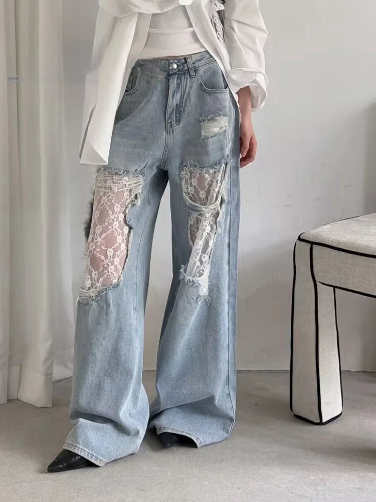 2025 Women's Y2K American Style High Waist Lace Spliced Denim Pants Loose Wide Leg Trousers Fashion Hottie Hole Patchwork Jeans