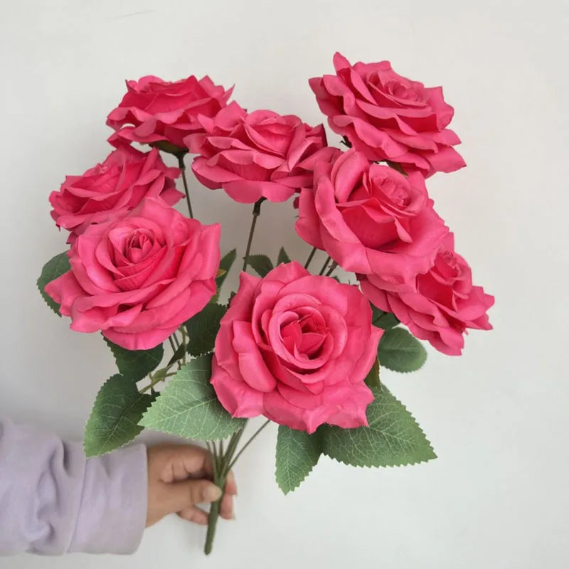 9Heads Diamond Roses Bouquet Artificial Flower Living Room Decoration Wedding White Ivory Red Brown Rose Fake Rose Fake Rose
