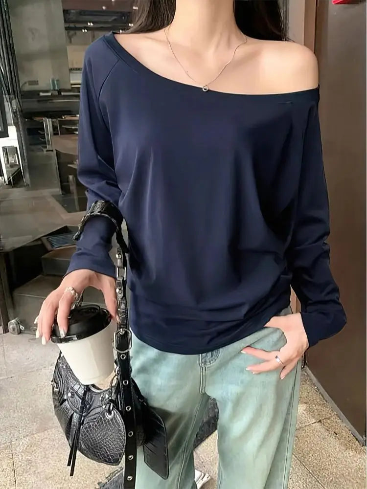 Off the shoulder Long sleeve T shirt Women Spring Autumn Loose Sexy One Shoulder Top Lady Casual Basic Tees School Preppy Blouse