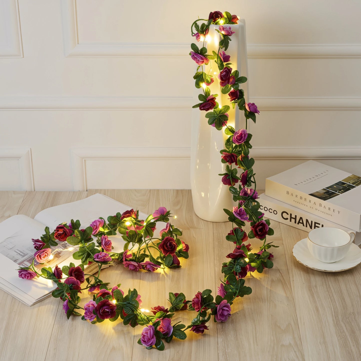 250CM Rose Vine With LED Lights Artificial Flowers Wedding Home Room Decoration Spring Autumn Garden Arch Christmas Rattan Vine