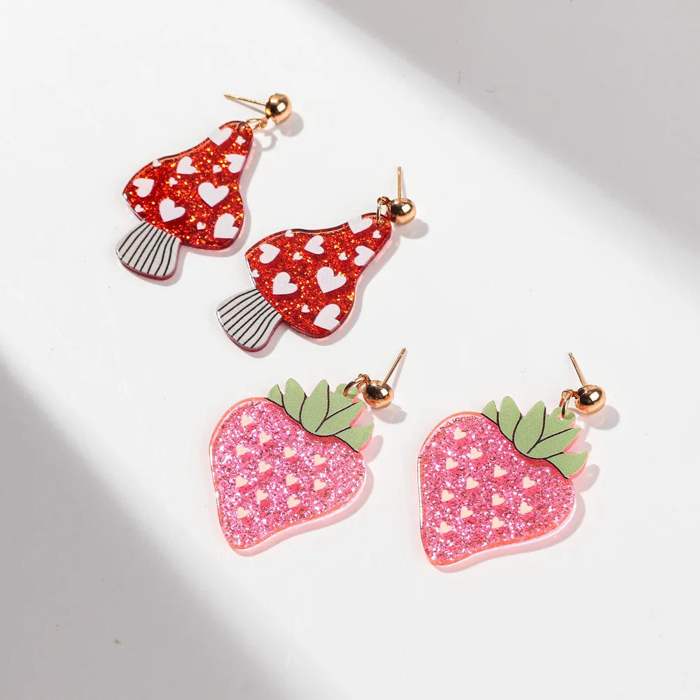 Glitter Pink Strawberry Acrylic Drop Earrings for Women New Cute Red Mushroom Drop Earring Trendy Jewelry Valentine's Day Gifts