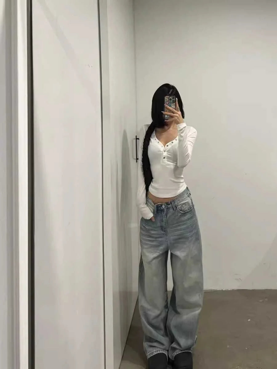 Light Wa Retro Straight Leg Jeans Women's Spring Autumn High Waist Loose Versatile Floor Length Casual Wide Leg Long Pants