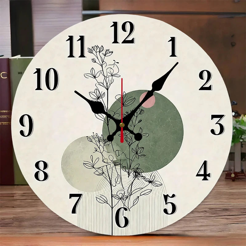 Botanical Design Wooden Round Silent Hanging Wall Clock, Suitable For Living Room, Office, Study Room, Bedroom, Home Decoration