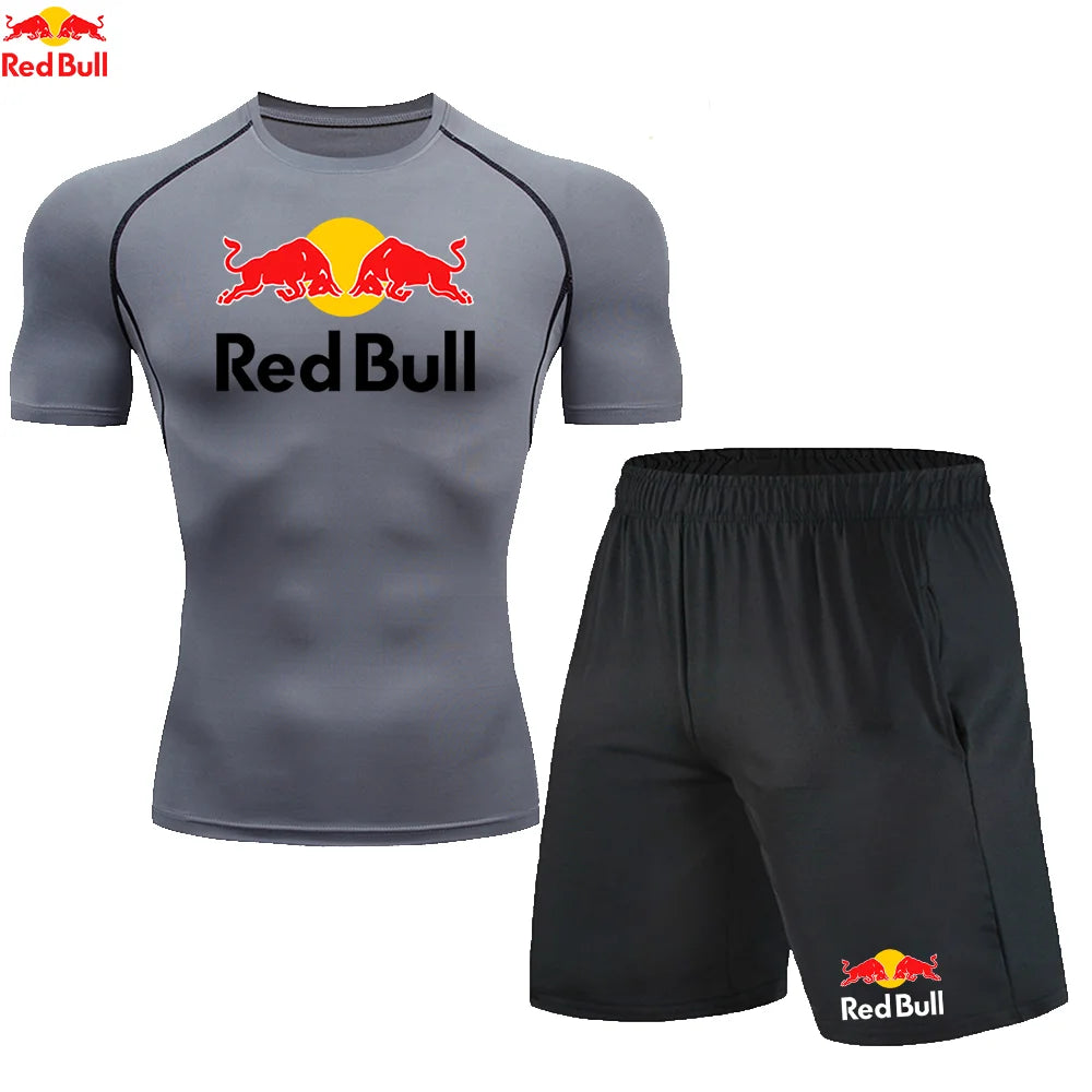 Red BullRashguard Short Sleeve T Shirts Shorts Suits Men Tracksuit Gym Boxing Jerseys Compression Shirt Fitness Running Training