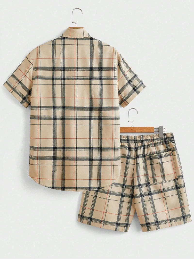 Street Casual Men's Suit Personalized Fashion Plaid Printed Pattern Short Sleeve Lapel Shirt and Shorts Men's Two Piece Set