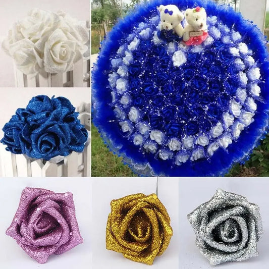 10pcs Bride Bouquet with Glitter Powder Blue Roses Artificial Flowers Foam Roses Decoration Artificial Roses