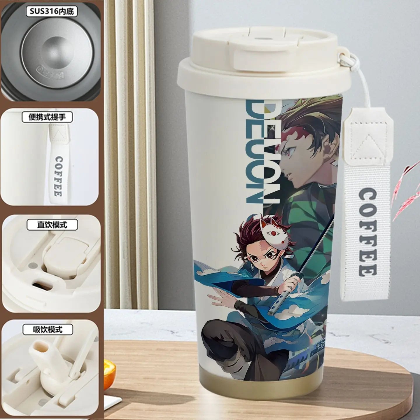 Demon Slayer Kamado Tanjirou Nezuko Agatsuma Zenitsu Anime Pattern Stainless Steel Thermos Mug Idea Leakproof Straw Cup Gift