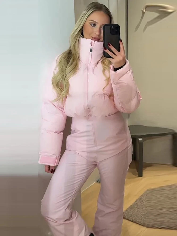 New Skiing Long Pant Sets For Women Thick Stand Collar Cotton Jacket High Waist Wide Leg Trouser 2 Pieces Sets Skateboard Outfit