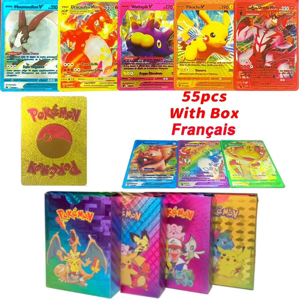 27-55Pcs Pokemon 3D Cards Colorful Shining English Spanish Vmax Gx Charizard Pikachu Trading Collection Battle Card Toys Gifts