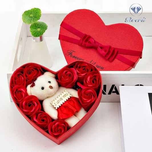 Valentines day gift Artificial Flower rose bear rose  preserved  with Heart shape  case Cottagecore decorations Rose petals Rose