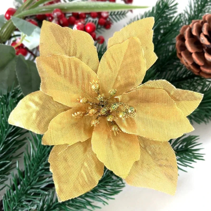 10Pcs Artificial Flowers Christmas Decoration 13CM Xmas Tree Pendant Ornaments for Home Room Decor Navidad New Year 2025 Garland
