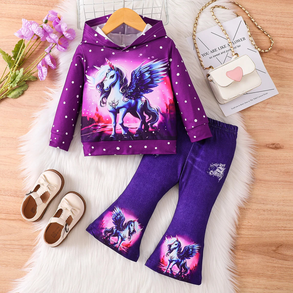 Polka Dot Hooded Unicorn Print Set - Baby's Magical Sweet Stylish Two-Piece