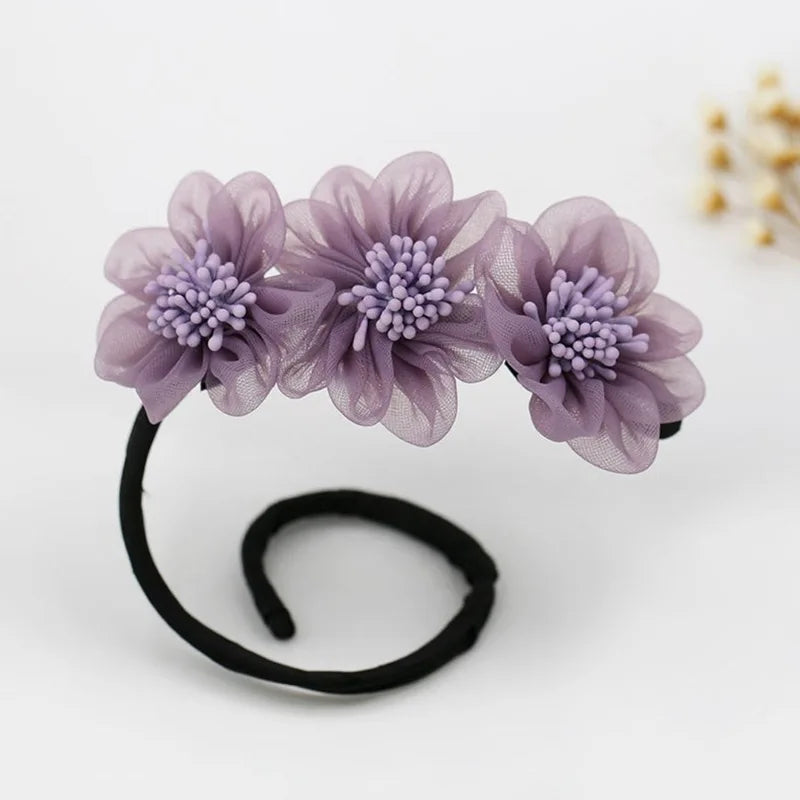 New Women Elegant Bud Chiffon Flowers Bun Maruko Hairstyles Making Long Tools Sweet Headband Hairbands Fashion Hair Accessories