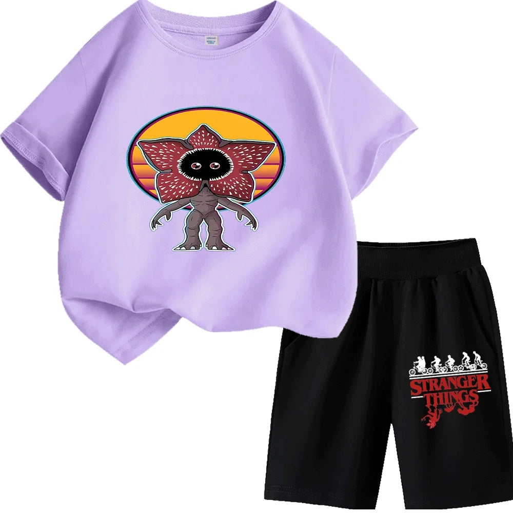 Cute Demogorgon Pattern Kids T-Shirt Set, Fashionable and Comfortable Short-Sleeve Tops for Boys and Girls, Ideal for Daily Wear