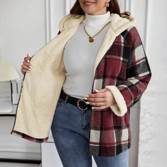 Women's Large Plaid Style Womens Jacket With Hooded Plaid Autumn And Winter Casual Loose Black White Plaid Coat Button Fall Top