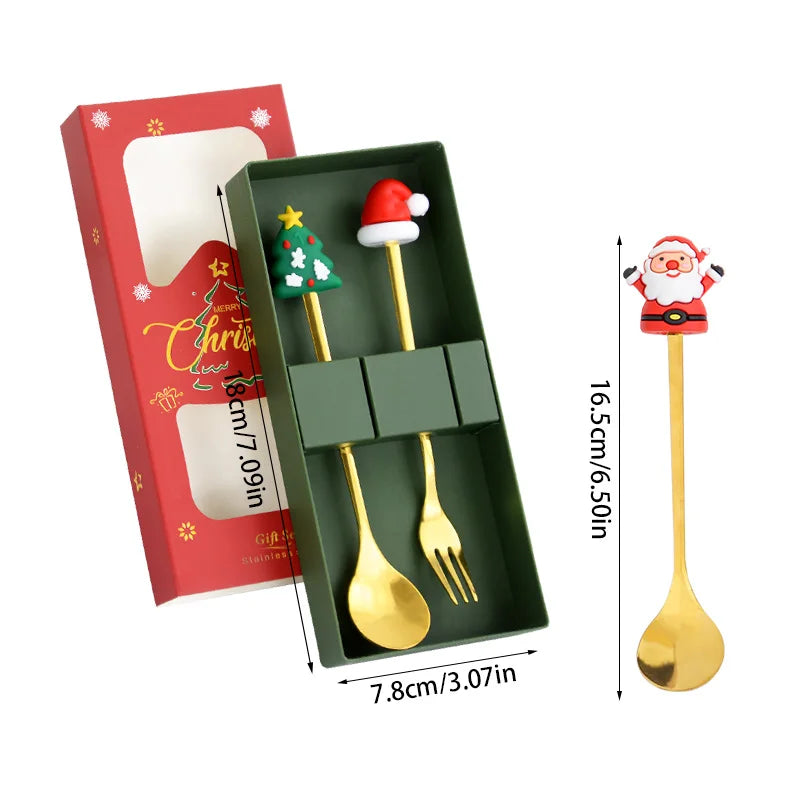 2/4/6pcs Christmas Gift Spoon Forks Set Stainless Steel Cutlery Tableware Decoration Coffee Tea Dessert Scoop 2025 New Year Home