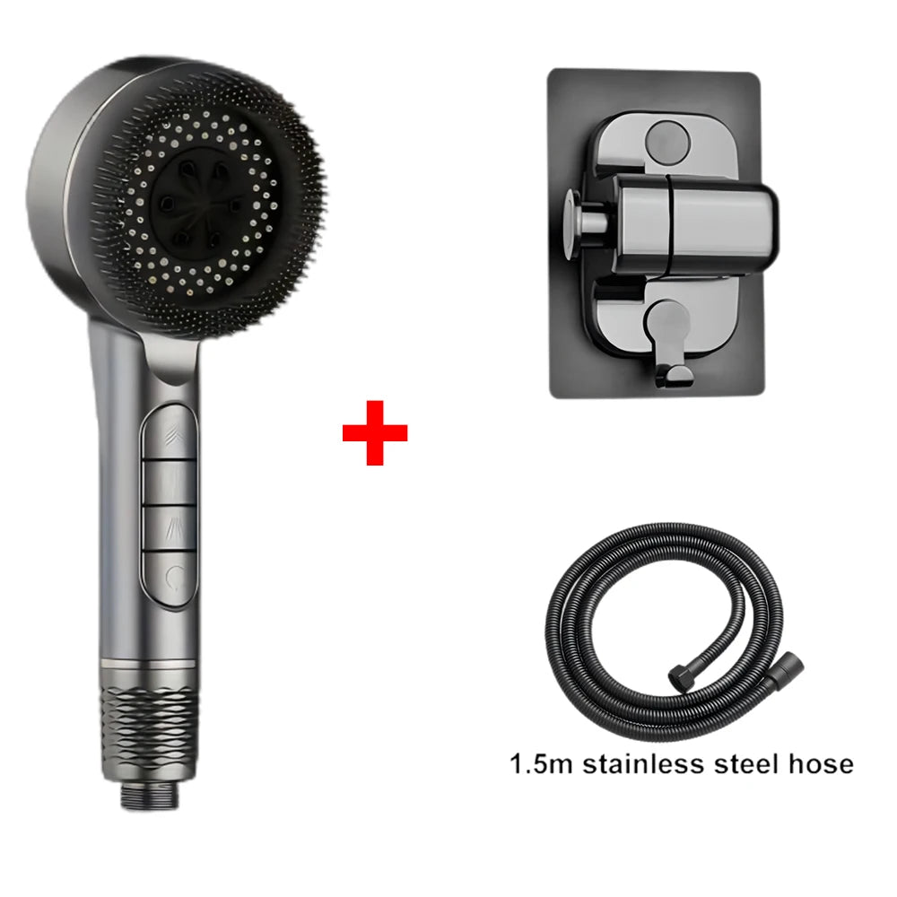4 Modes Pressurized Shower Head Thickened ABS Handheld Filter Showerhead with Silicone Brush One-Key Stop Water Shower Nozzle