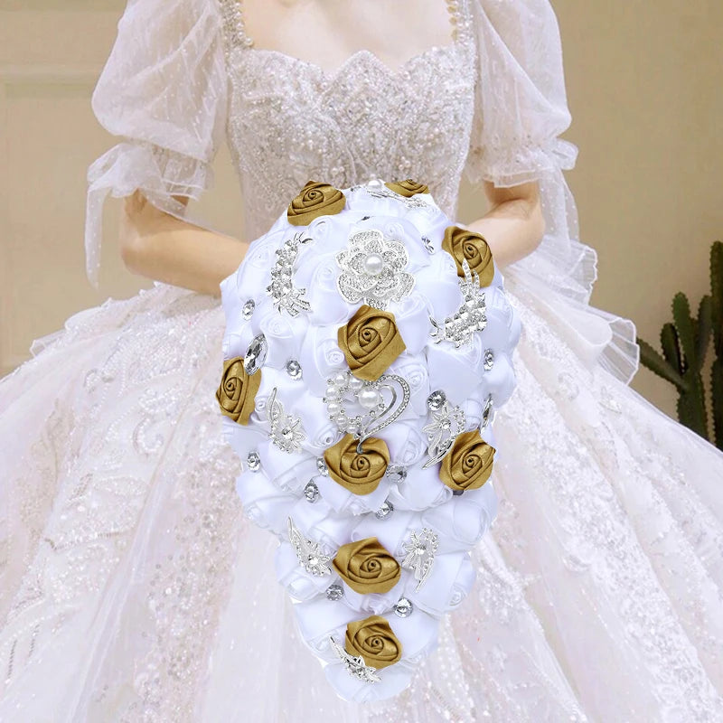 1pc/lot Gold Bridal Wedding Bouquet  Satin Rose Artificial Flowers Wedding Bouquet de novia On Sale