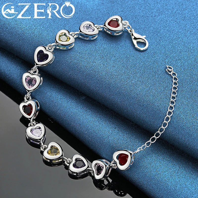 Hot 925 Sterling Silver Heart Multi-Color Crystal Chain Bracelet For Women Fashion Wedding Party Jewelry Valentine'S Day Gift