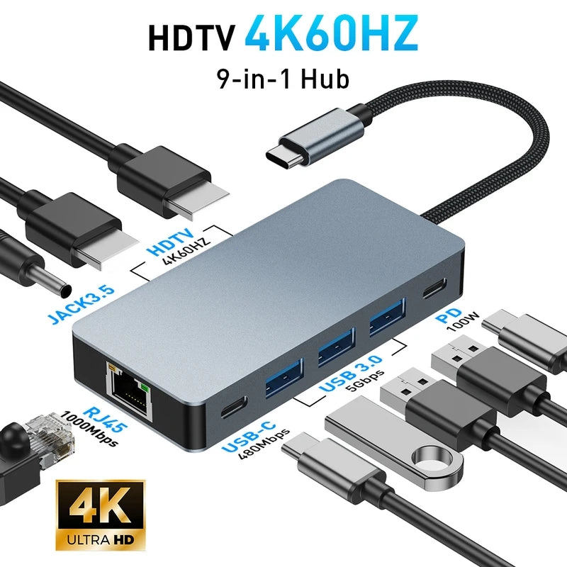 USB C Hub Dual Monitor, 7-in-1 Docking Station with 2 HDTV 4K60Hz, 3 USB3.0, 100W PD, for MacBook, Dell, HP, Surface