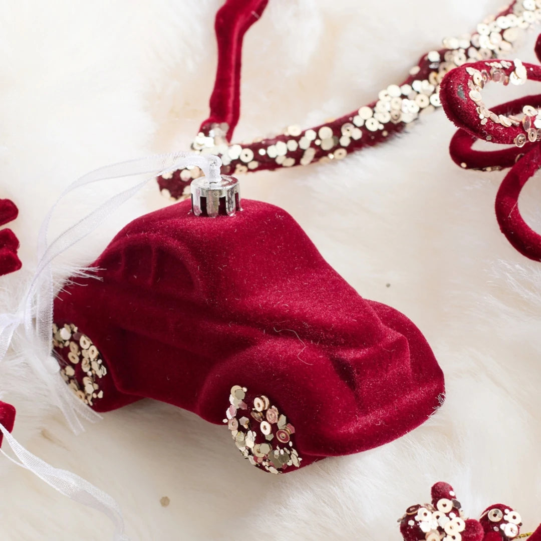 2026 Merry Christmas Ornaments Red Flocked Burgundy Christmas Tree Hanging Decorations Pendants Holiday Party Decor