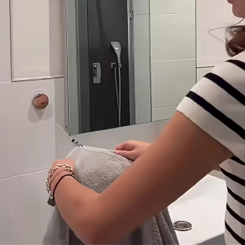 1PC Automatic Retractable Towel Rack No-Drill Self-Adhesive Wall Mounted Hand Towel Holder with Stainless Steel Cable Clamp