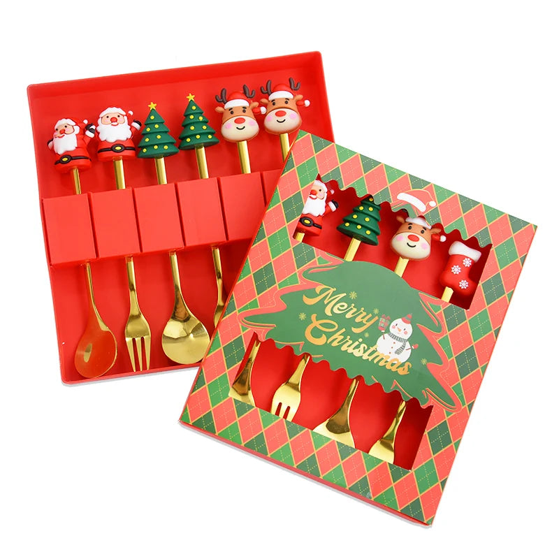 2/4/6pcs Christmas Gift Spoon Forks Set Stainless Steel Cutlery Tableware Decoration Coffee Tea Dessert Scoop 2025 New Year Home