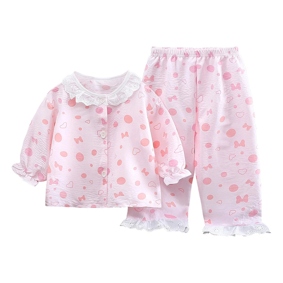 2025 Girl Sleepwear Summer Children Cartoon Lace Ruffles Pajamas Two Piece Set Outfit Casual Loose Home Wear Comfy Kids Clothing