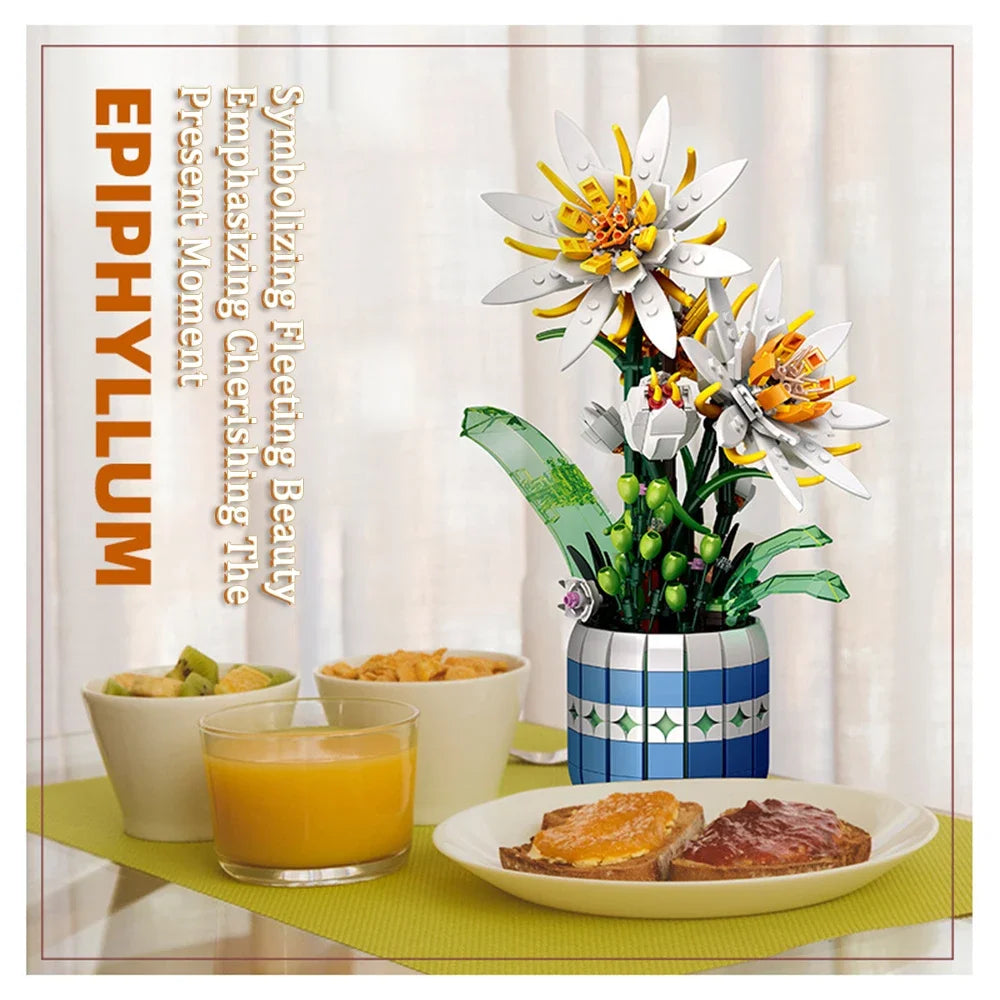 KNEW BUILT Creative 3D Epiphyllum Potted Building Block Toy-Uplift Mood with Love,Ideal Holiday Gift For Girl,Decorate Your Home