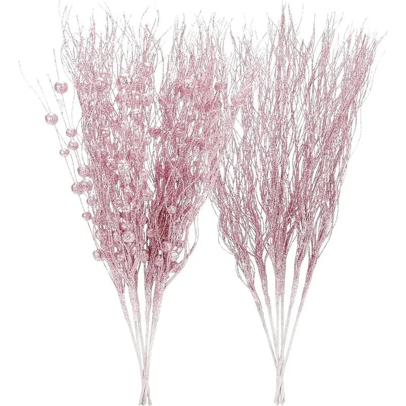 2Pcs Christmas Decoration Glitter Branches Christmas Tree Ornaments Artificial Flowers for Home Xmas New Year Party Accessories