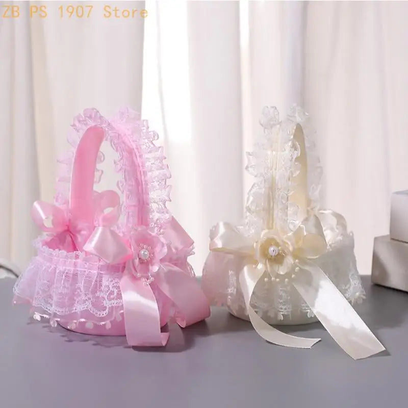 Wedding Flower Girl Basket with Lace Trim Handle Bowknot Flower Baskets for Wedding Ceremony Party Floral Arrangement 55KA