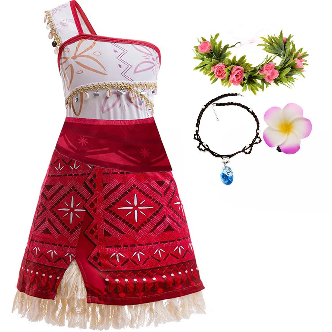 Disney New Summer Movie Hot Moana 2 Short-sleeved Clothes Girl Cosplay Moana Princess One-Shoulder Suspender Dress + Wig Set