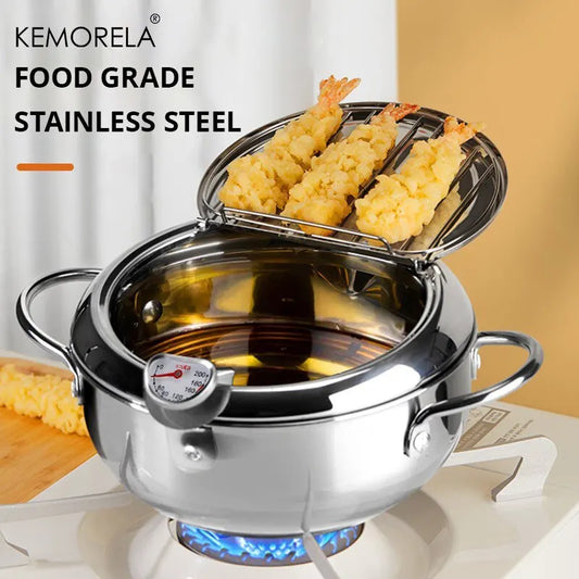Stainless Steel Oil Pan with Thermometer Multiple Sizes Fryer Thermometer Cover for Tempura French Fries Home Kitchen Frying Pan